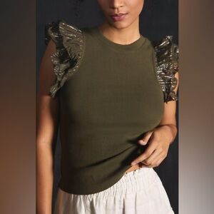 Anthropologie Lurex ruffle sleeve ribbed tank top womens medium green